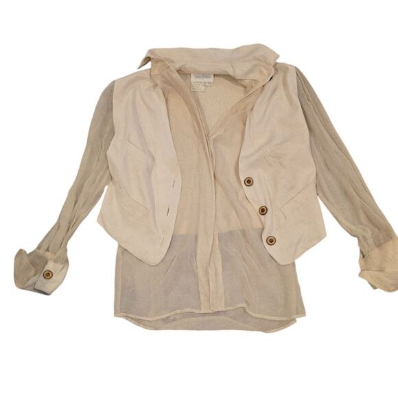 Vest Shirt Combo 100% Silk Sheer Blouse Attached Button Vest Cream Size S /XS - Picture 4 of 4